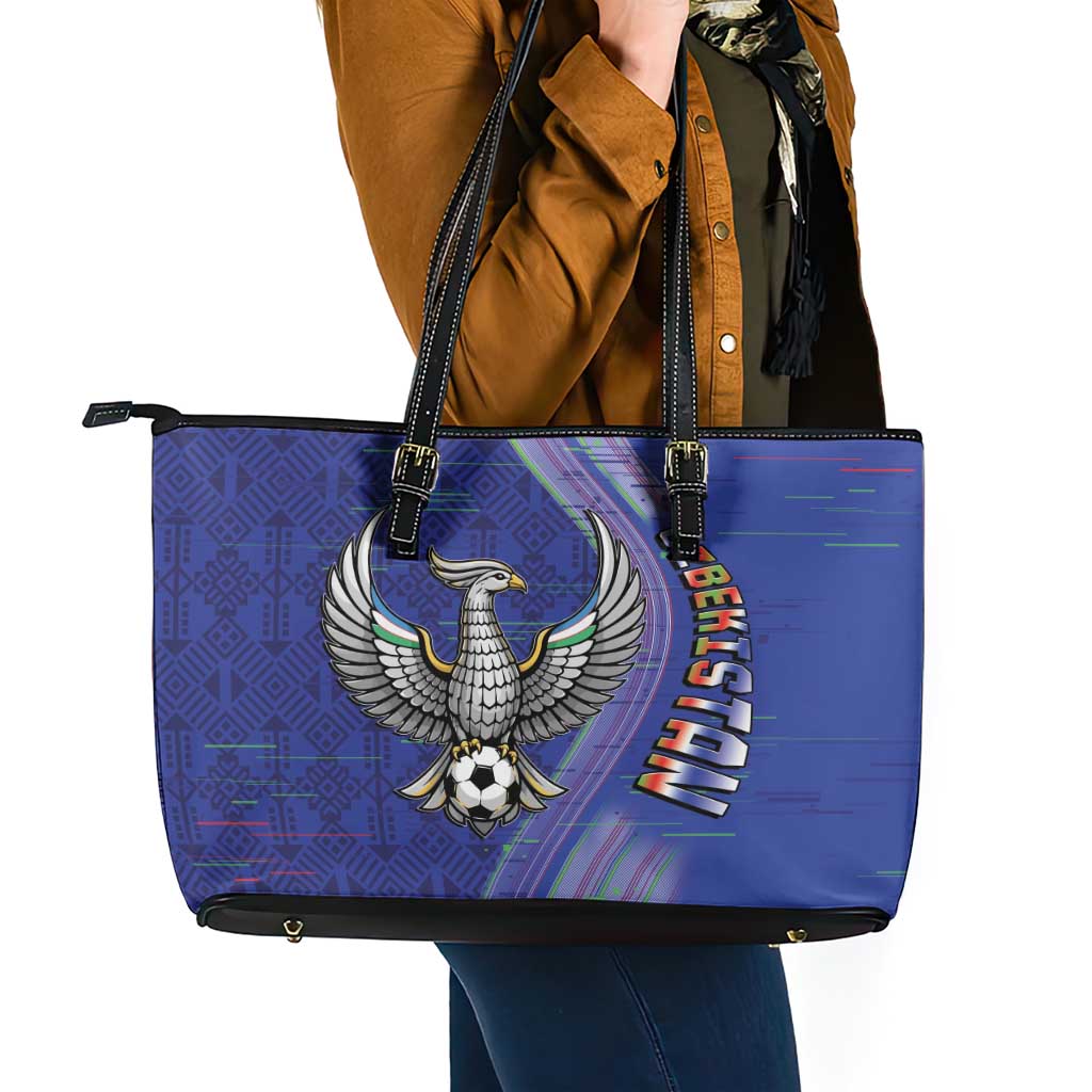Uzbekistan Football Leather Tote Bag Modern Glitch Art Style Huma Bird