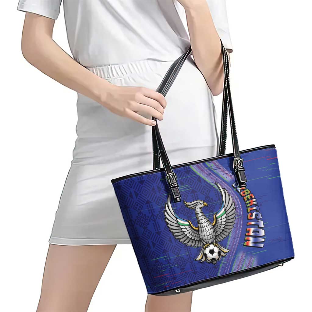 Uzbekistan Football Leather Tote Bag Modern Glitch Art Style Huma Bird