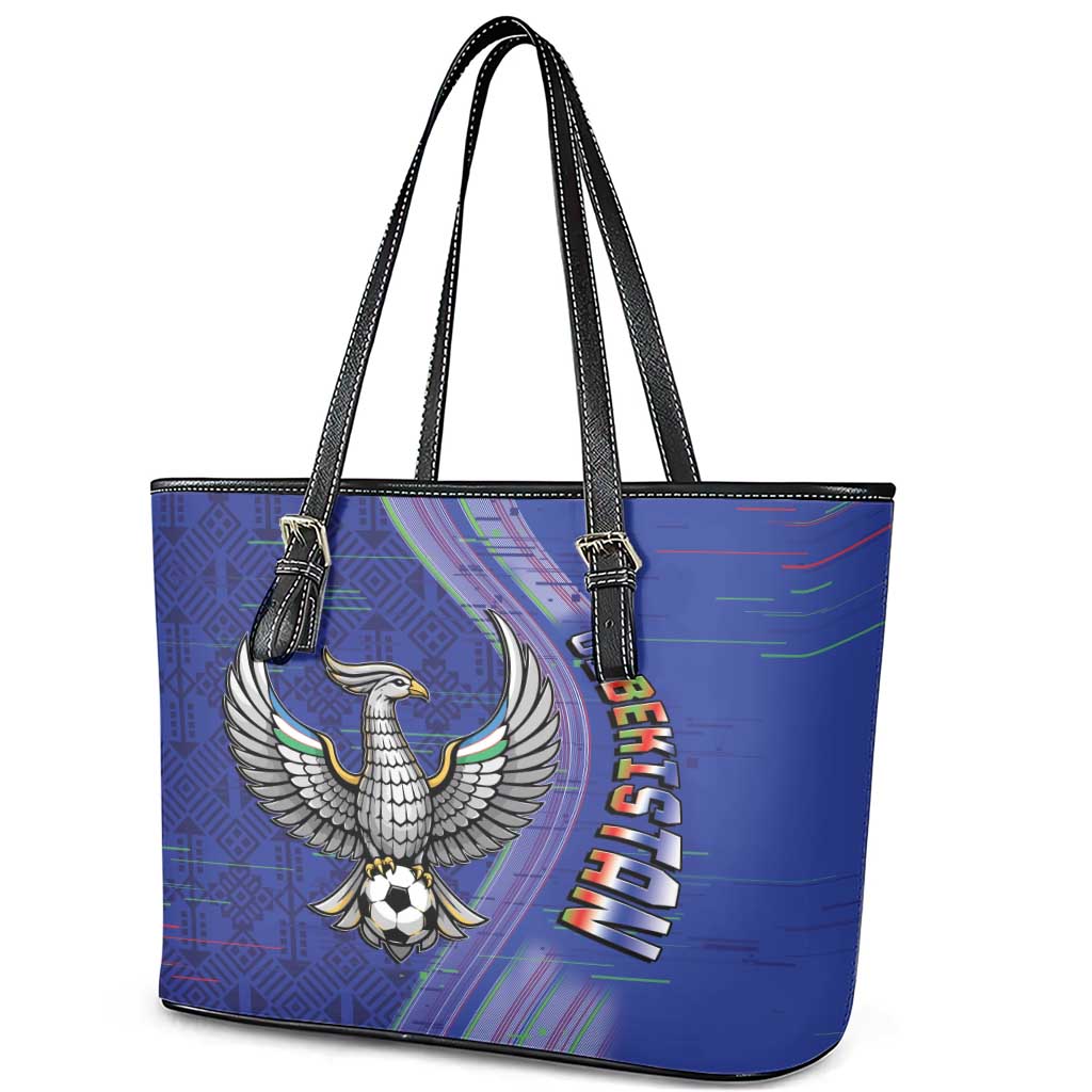 Uzbekistan Football Leather Tote Bag Modern Glitch Art Style Huma Bird