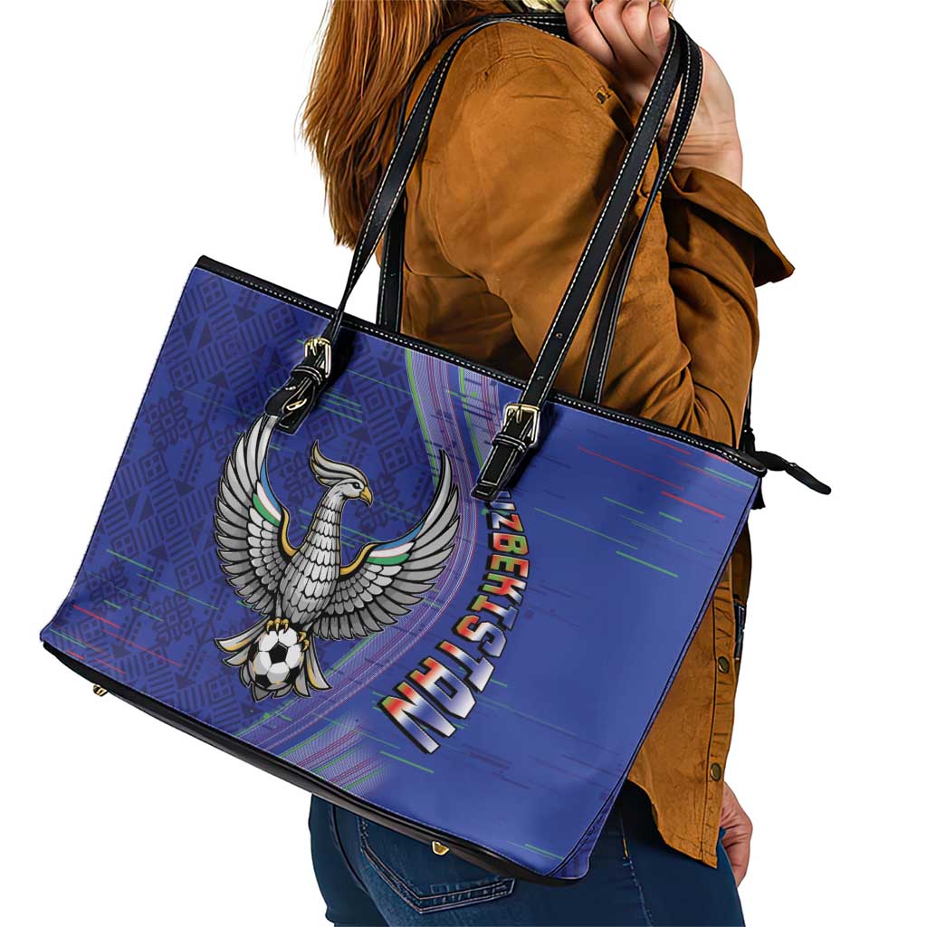 Uzbekistan Football Leather Tote Bag Modern Glitch Art Style Huma Bird
