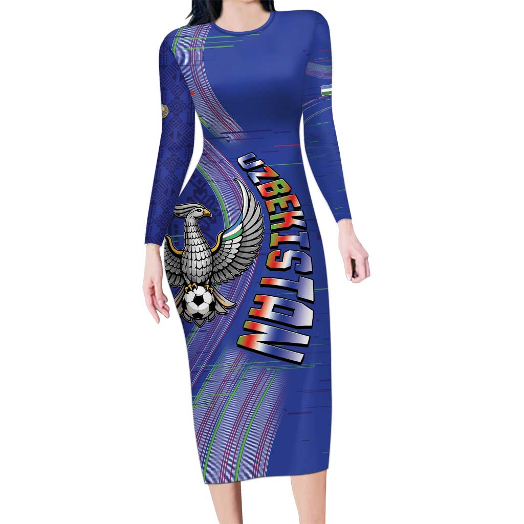 Custom Uzbekistan Football Long Sleeve Bodycon Dress Modern Glitch Art Style Huma Bird
