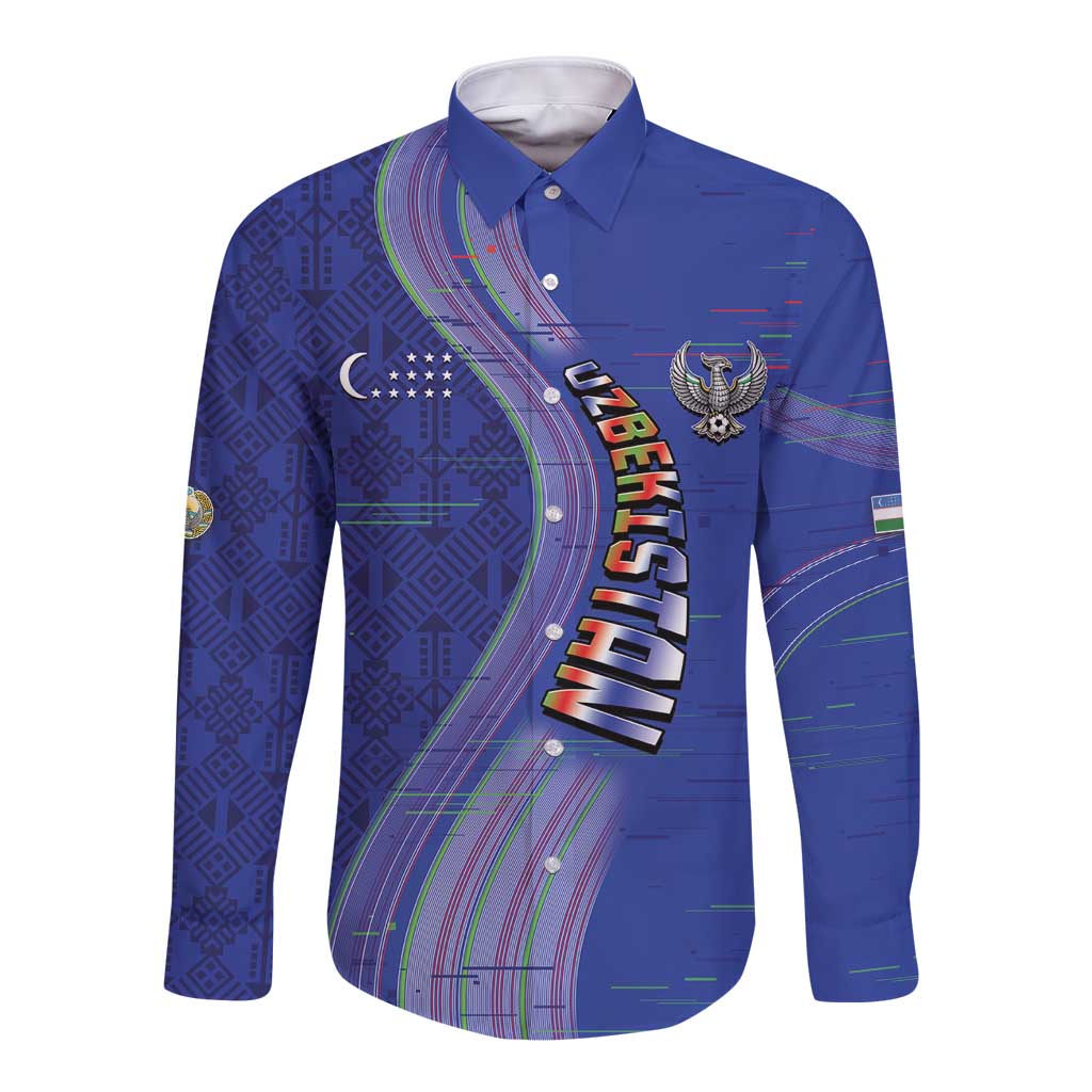 Custom Uzbekistan Football Long Sleeve Button Shirt Modern Glitch Art Style Huma Bird