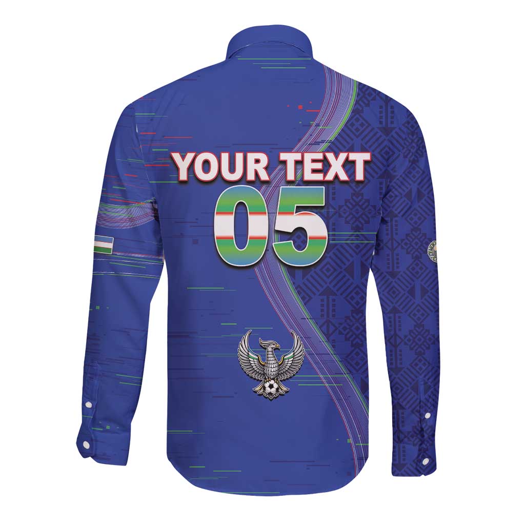 Custom Uzbekistan Football Long Sleeve Button Shirt Modern Glitch Art Style Huma Bird