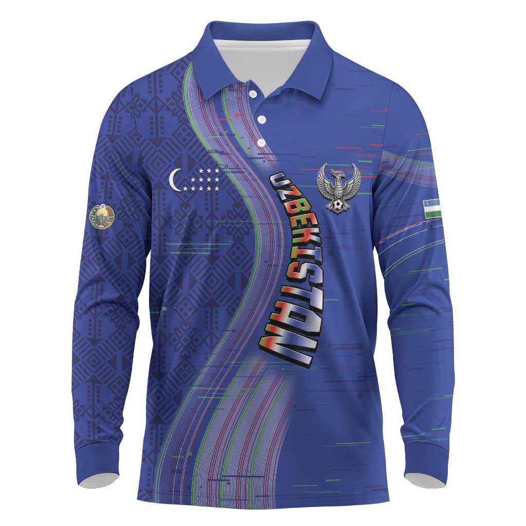 Custom Uzbekistan Football Long Sleeve Polo Shirt Modern Glitch Art Style Huma Bird
