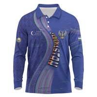 Custom Uzbekistan Football Long Sleeve Polo Shirt Modern Glitch Art Style Huma Bird