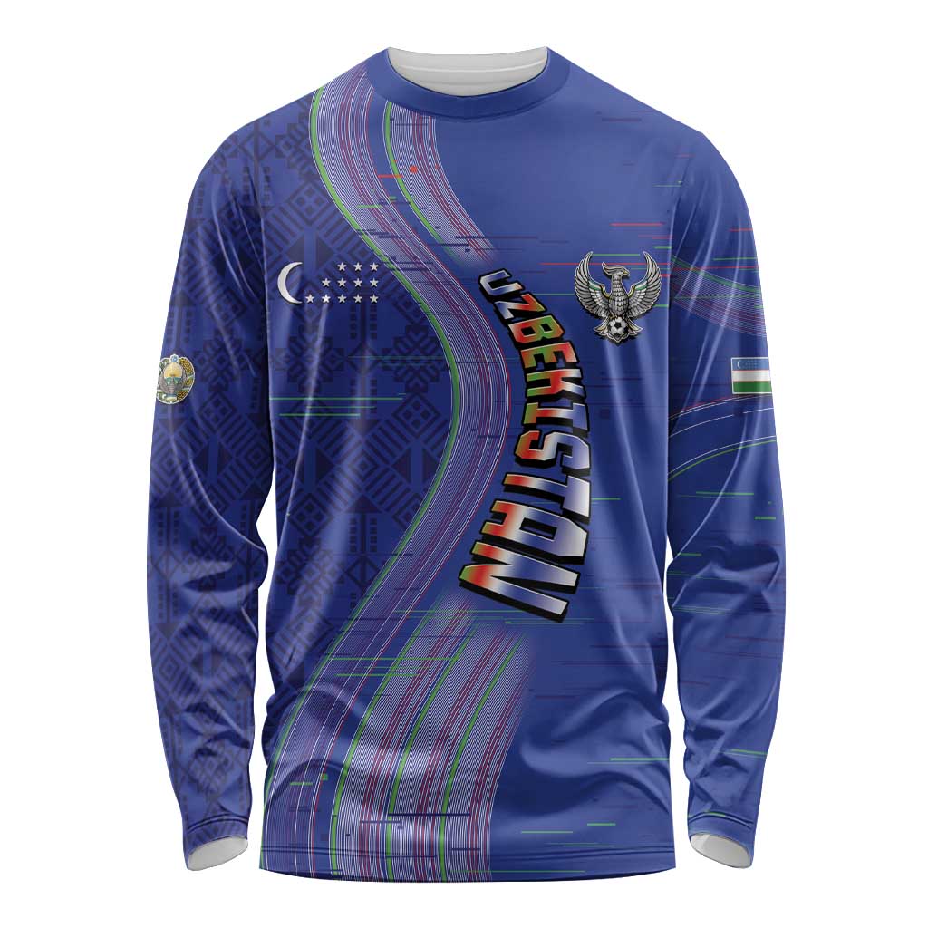 Custom Uzbekistan Football Long Sleeve Shirt Modern Glitch Art Style Huma Bird