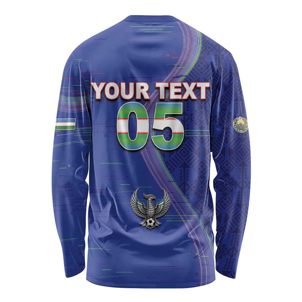 Custom Uzbekistan Football Long Sleeve Shirt Modern Glitch Art Style Huma Bird