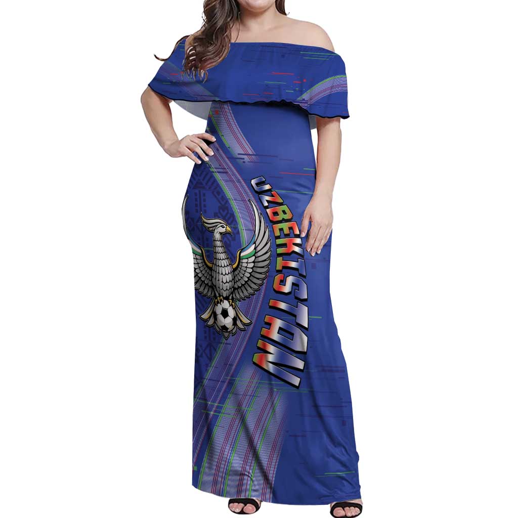 Custom Uzbekistan Football Off Shoulder Maxi Dress Modern Glitch Art Style Huma Bird