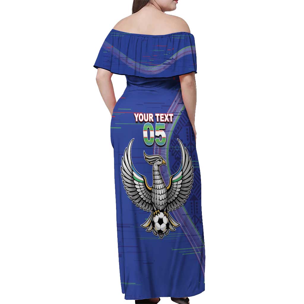 Custom Uzbekistan Football Off Shoulder Maxi Dress Modern Glitch Art Style Huma Bird