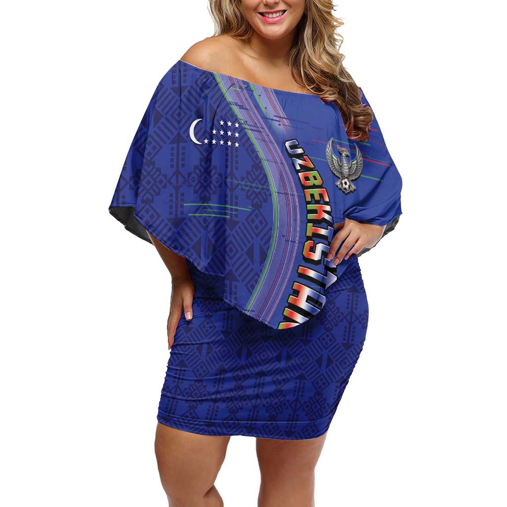 Custom Uzbekistan Football Off Shoulder Short Dress Modern Glitch Art Style Huma Bird