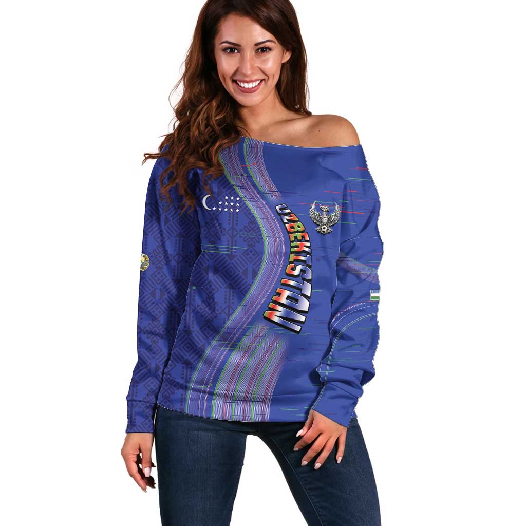 Custom Uzbekistan Football Off Shoulder Sweater Modern Glitch Art Style Huma Bird