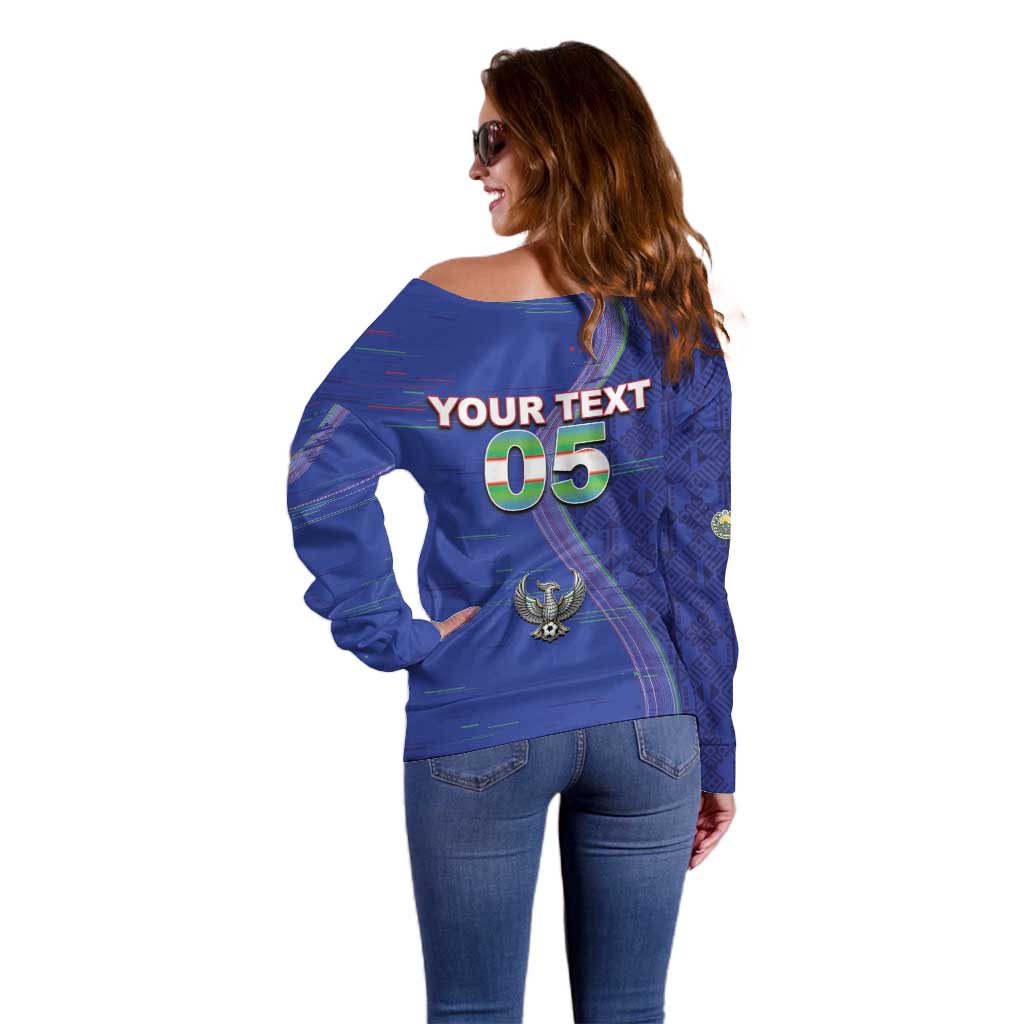 Custom Uzbekistan Football Off Shoulder Sweater Modern Glitch Art Style Huma Bird