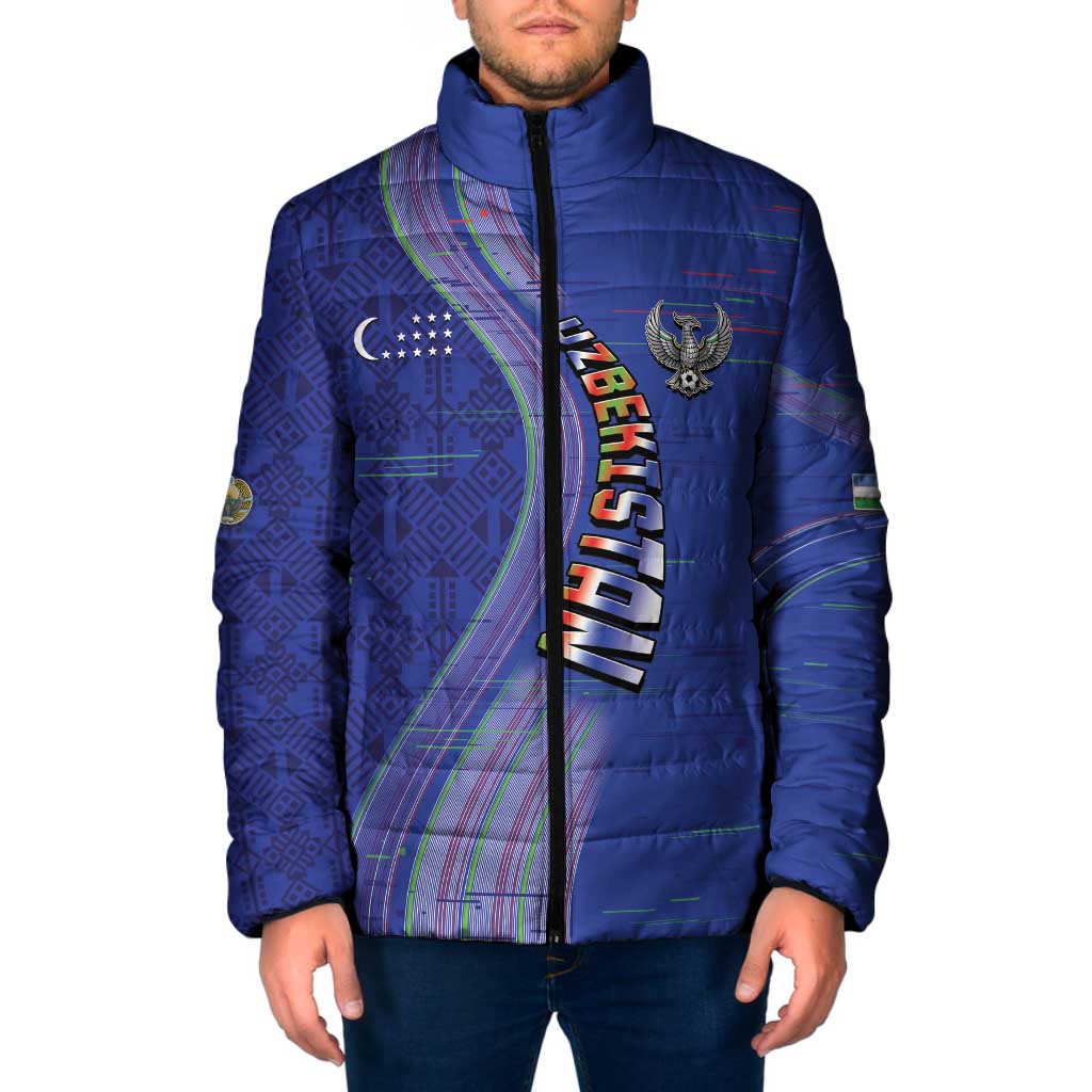 Custom Uzbekistan Football Padded Jacket Modern Glitch Art Style Huma Bird