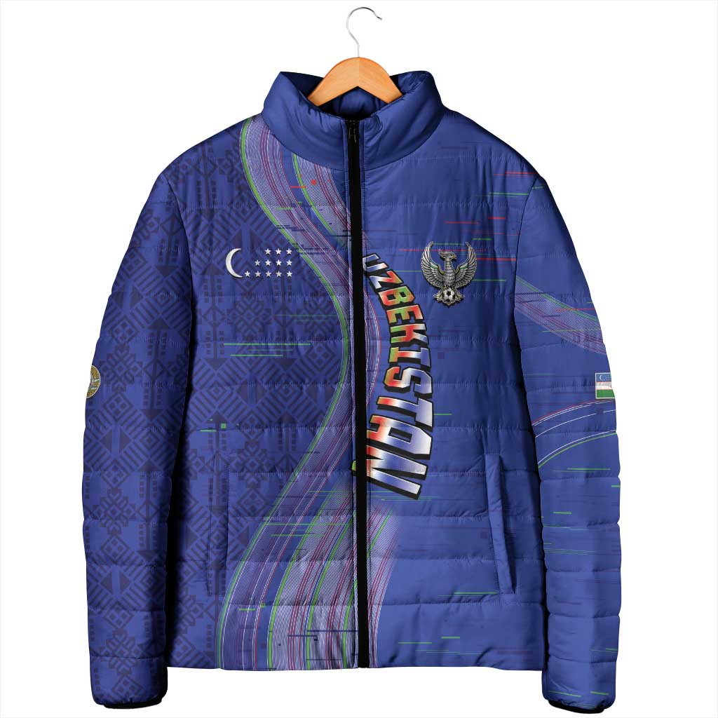 Custom Uzbekistan Football Padded Jacket Modern Glitch Art Style Huma Bird
