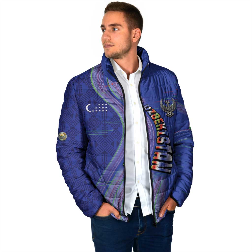 Custom Uzbekistan Football Padded Jacket Modern Glitch Art Style Huma Bird