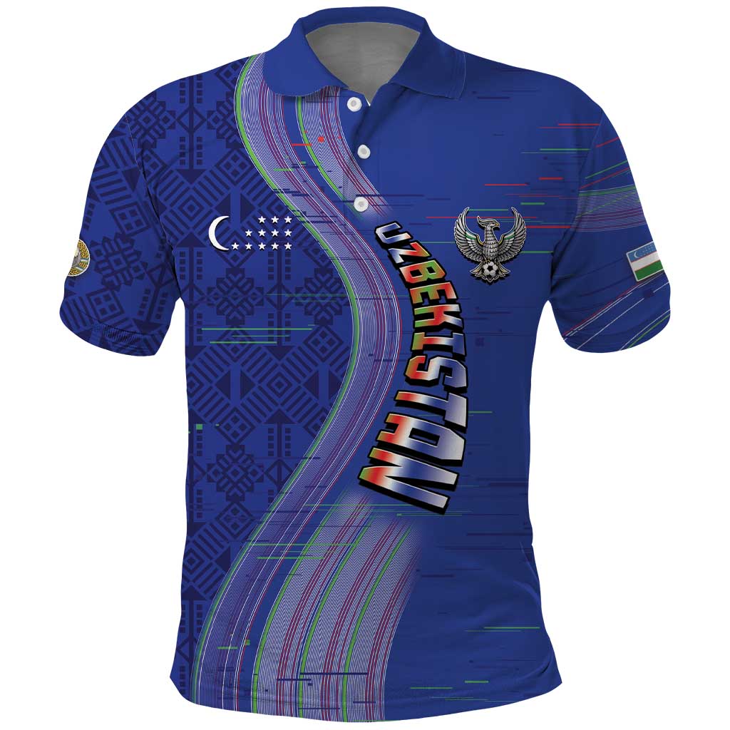 Custom Uzbekistan Football Polo Shirt Modern Glitch Art Style Huma Bird