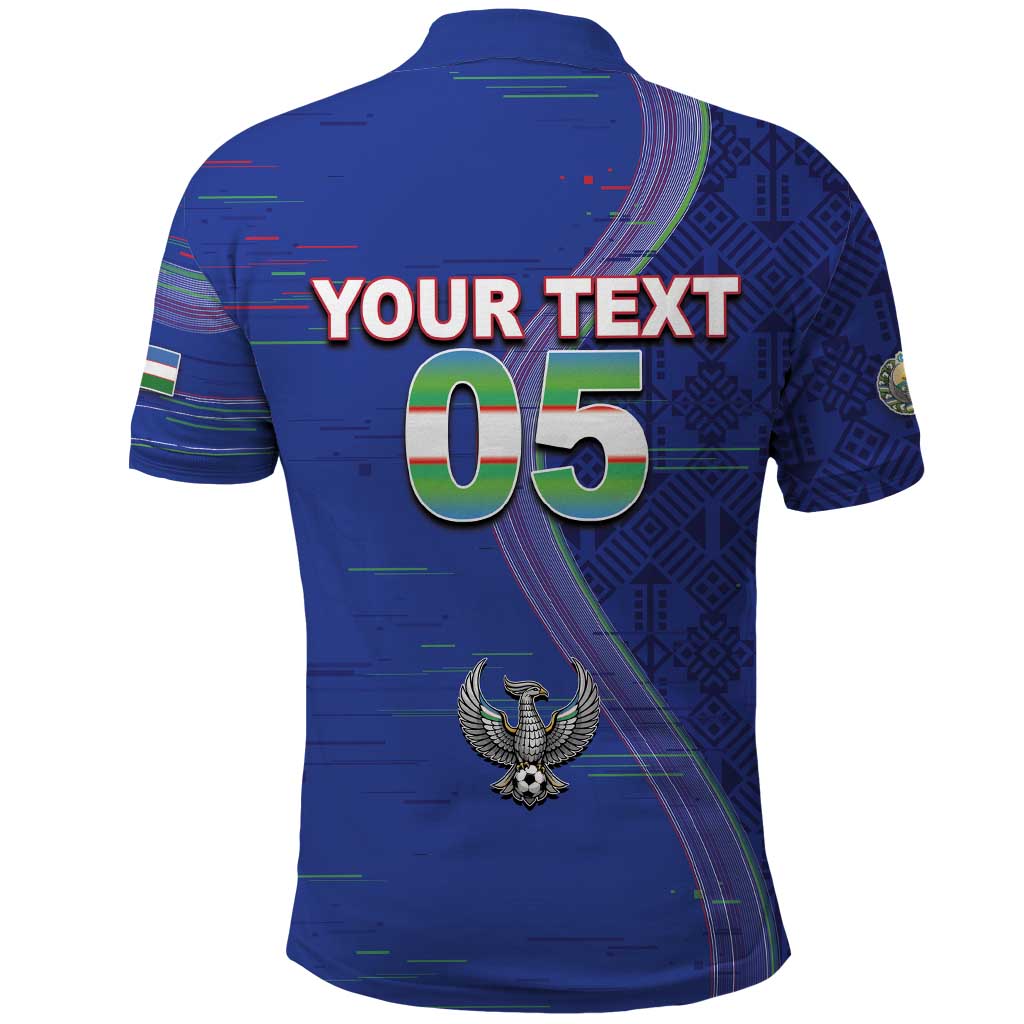 Custom Uzbekistan Football Polo Shirt Modern Glitch Art Style Huma Bird