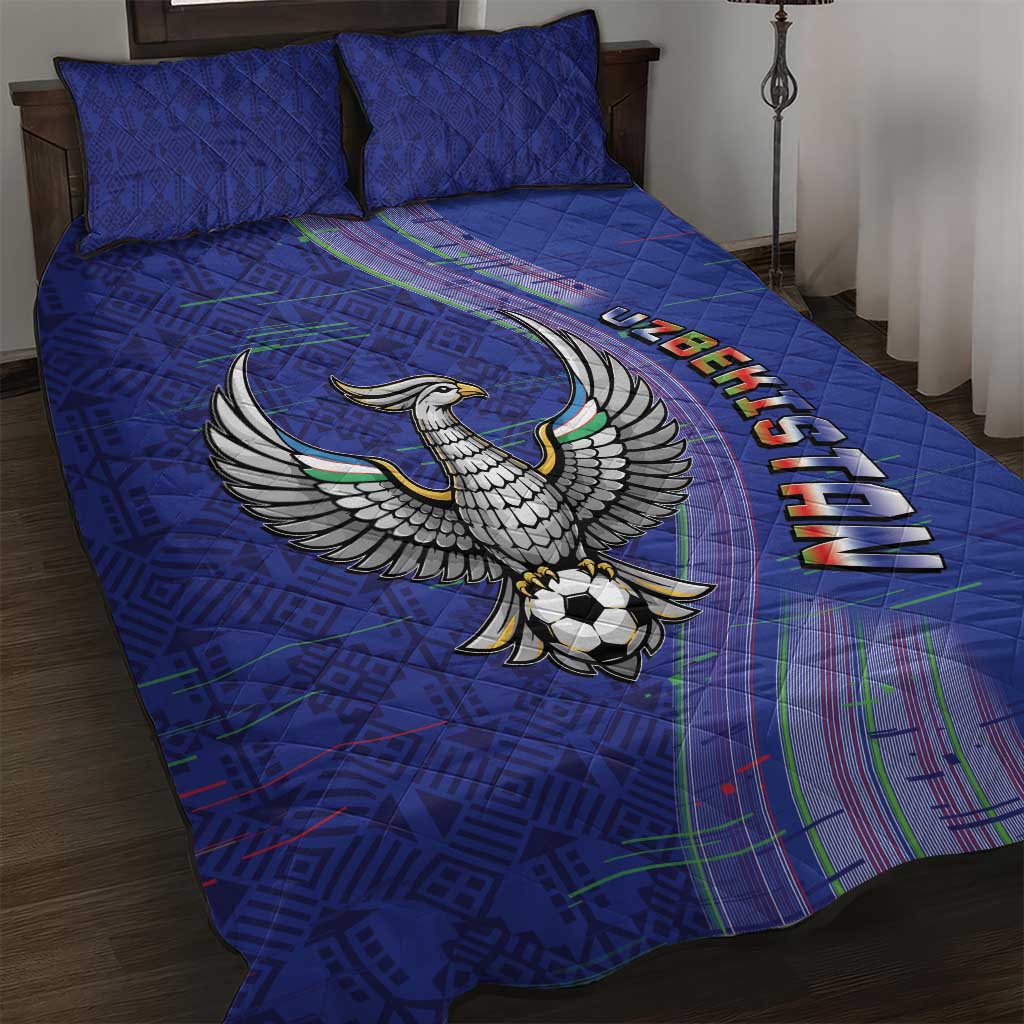 Uzbekistan Football Quilt Bed Set Modern Glitch Art Style Huma Bird