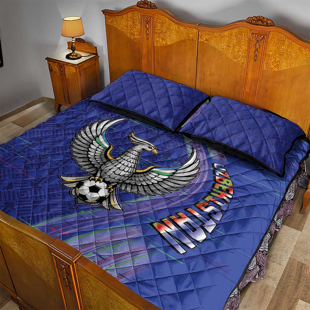 Uzbekistan Football Quilt Bed Set Modern Glitch Art Style Huma Bird