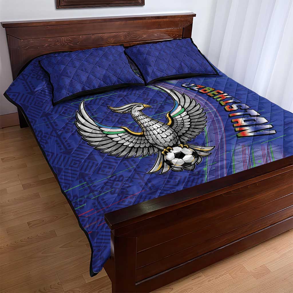 Uzbekistan Football Quilt Bed Set Modern Glitch Art Style Huma Bird