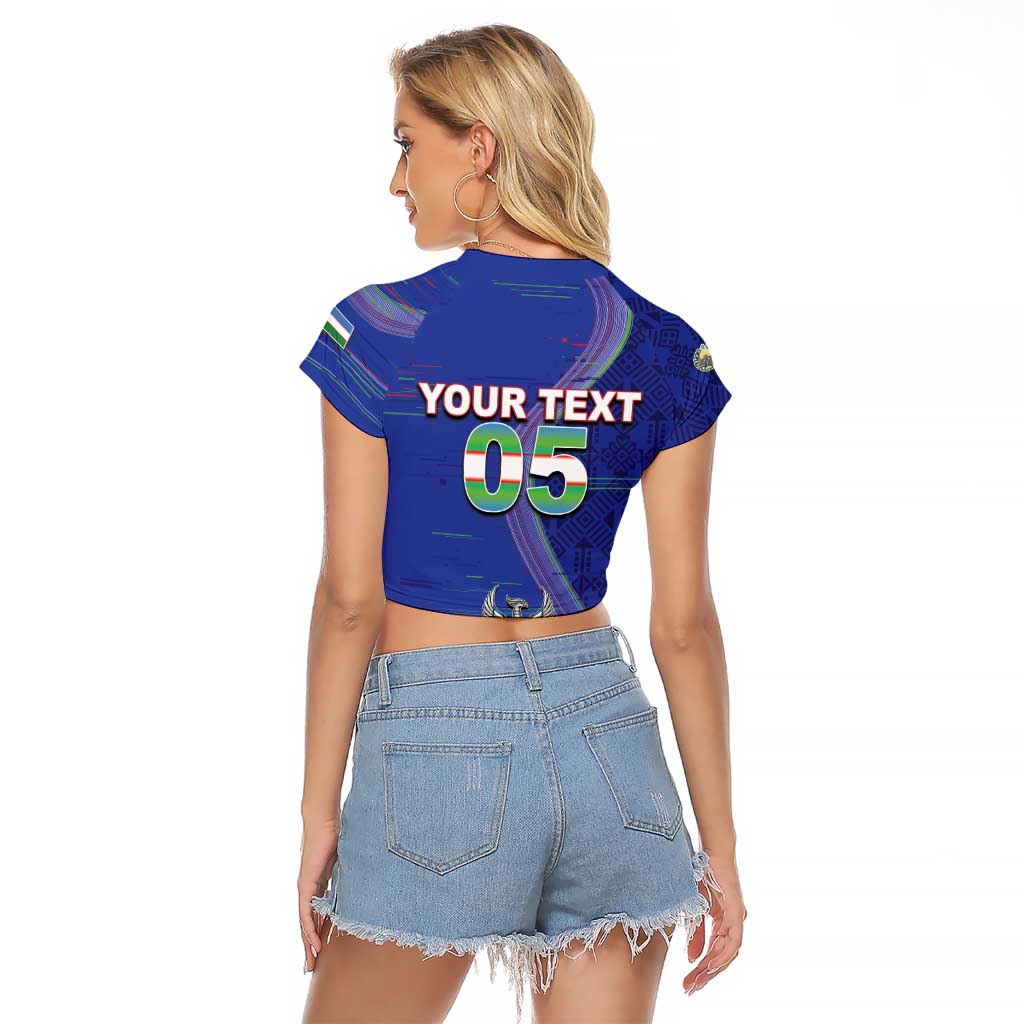 Custom Uzbekistan Football Raglan Cropped T Shirt Modern Glitch Art Style Huma Bird