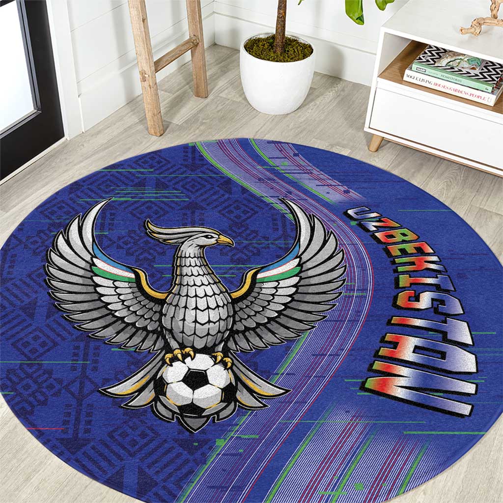 Uzbekistan Football Round Carpet Modern Glitch Art Style Huma Bird