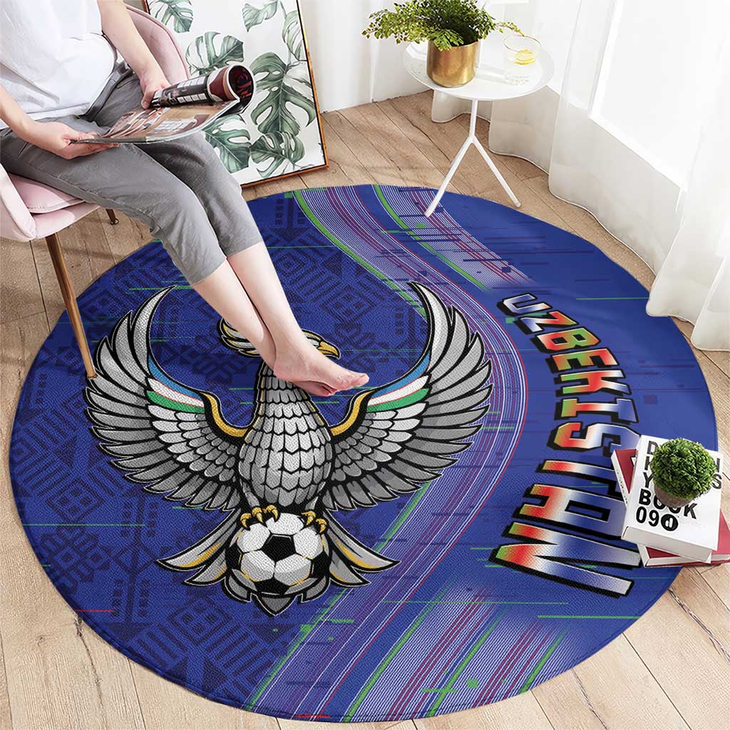 Uzbekistan Football Round Carpet Modern Glitch Art Style Huma Bird