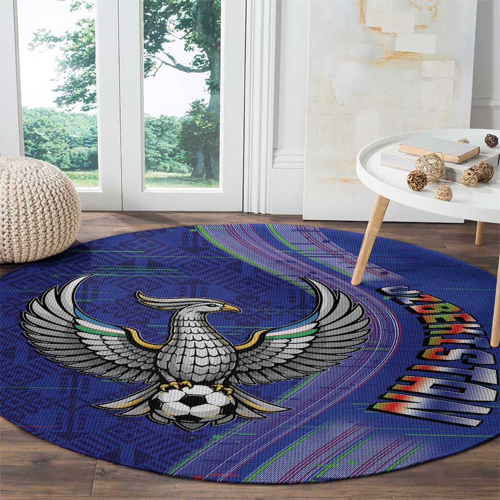 Uzbekistan Football Round Carpet Modern Glitch Art Style Huma Bird