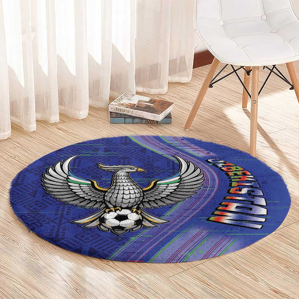 Uzbekistan Football Round Carpet Modern Glitch Art Style Huma Bird