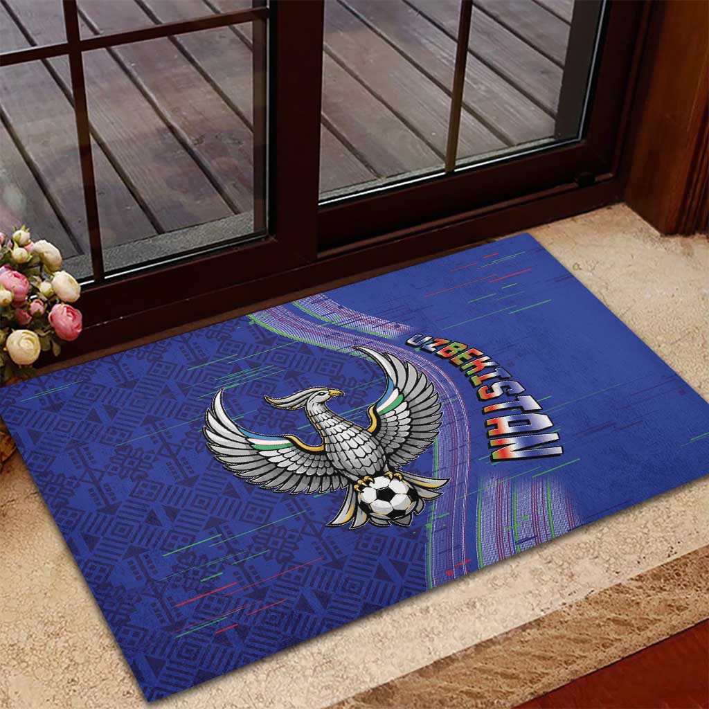 Uzbekistan Football Rubber Doormat Modern Glitch Art Style Huma Bird