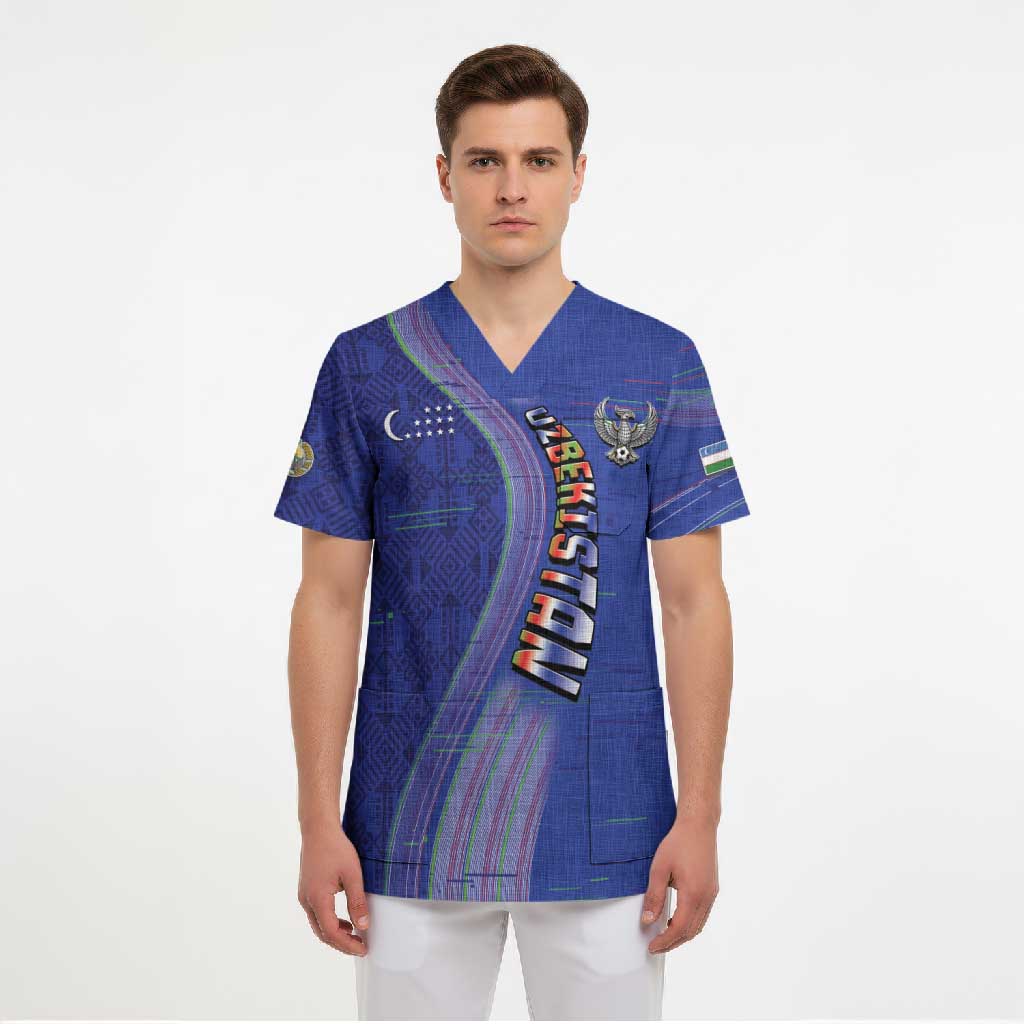 Custom Uzbekistan Football Scrub Top Modern Glitch Art Style Huma Bird