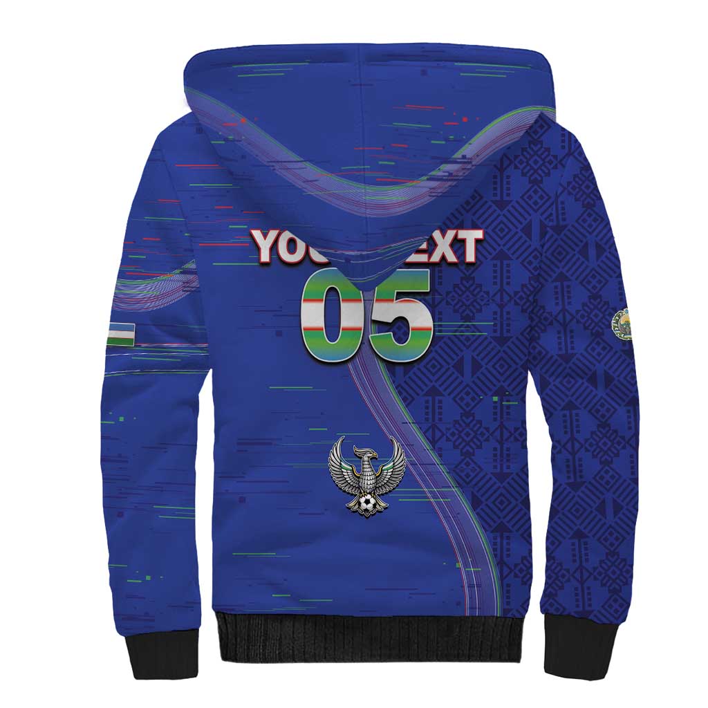 Custom Uzbekistan Football Sherpa Hoodie Modern Glitch Art Style Huma Bird
