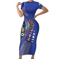 Custom Uzbekistan Football Short Sleeve Bodycon Dress Modern Glitch Art Style Huma Bird