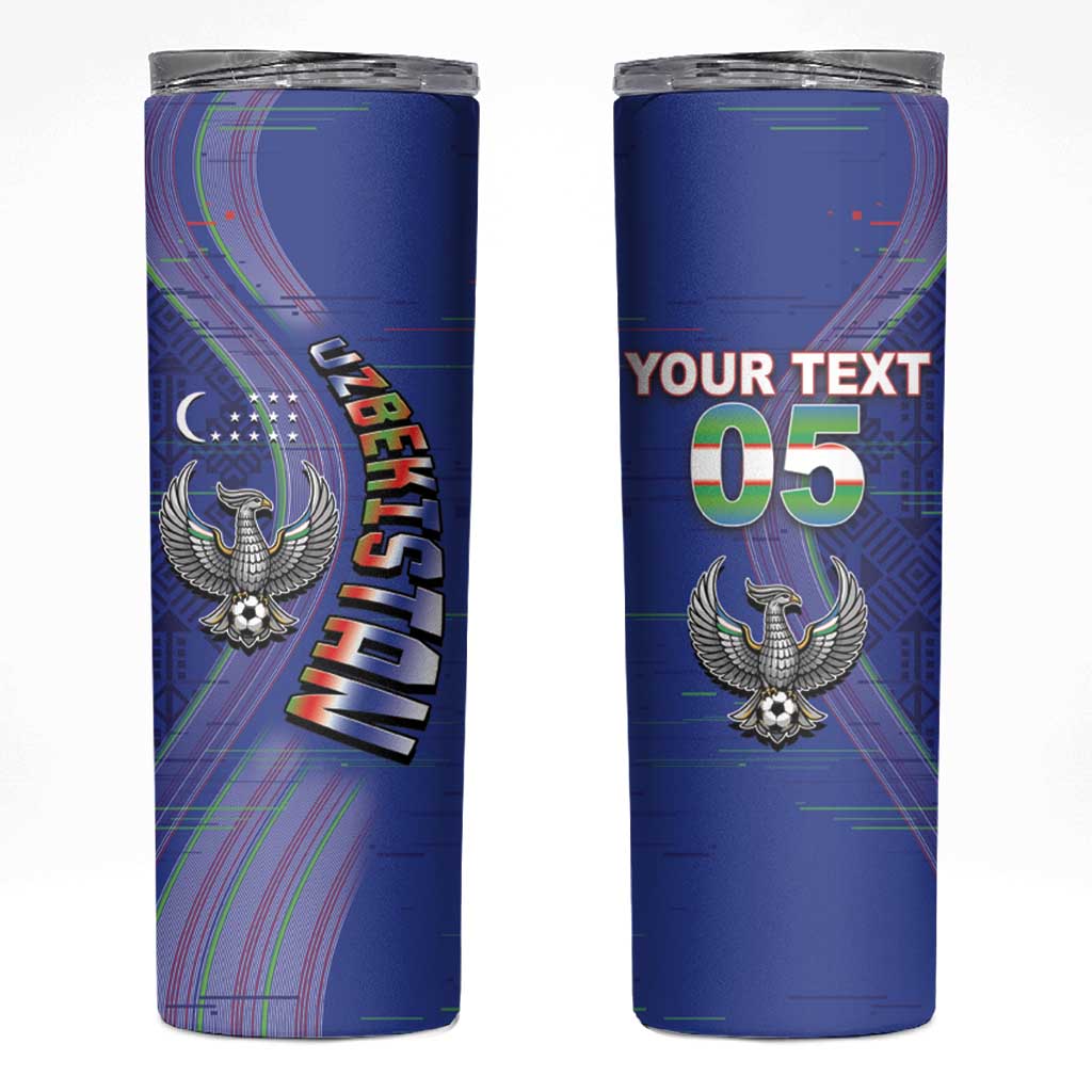 Custom Uzbekistan Football Skinny Tumbler Modern Glitch Art Style Huma Bird