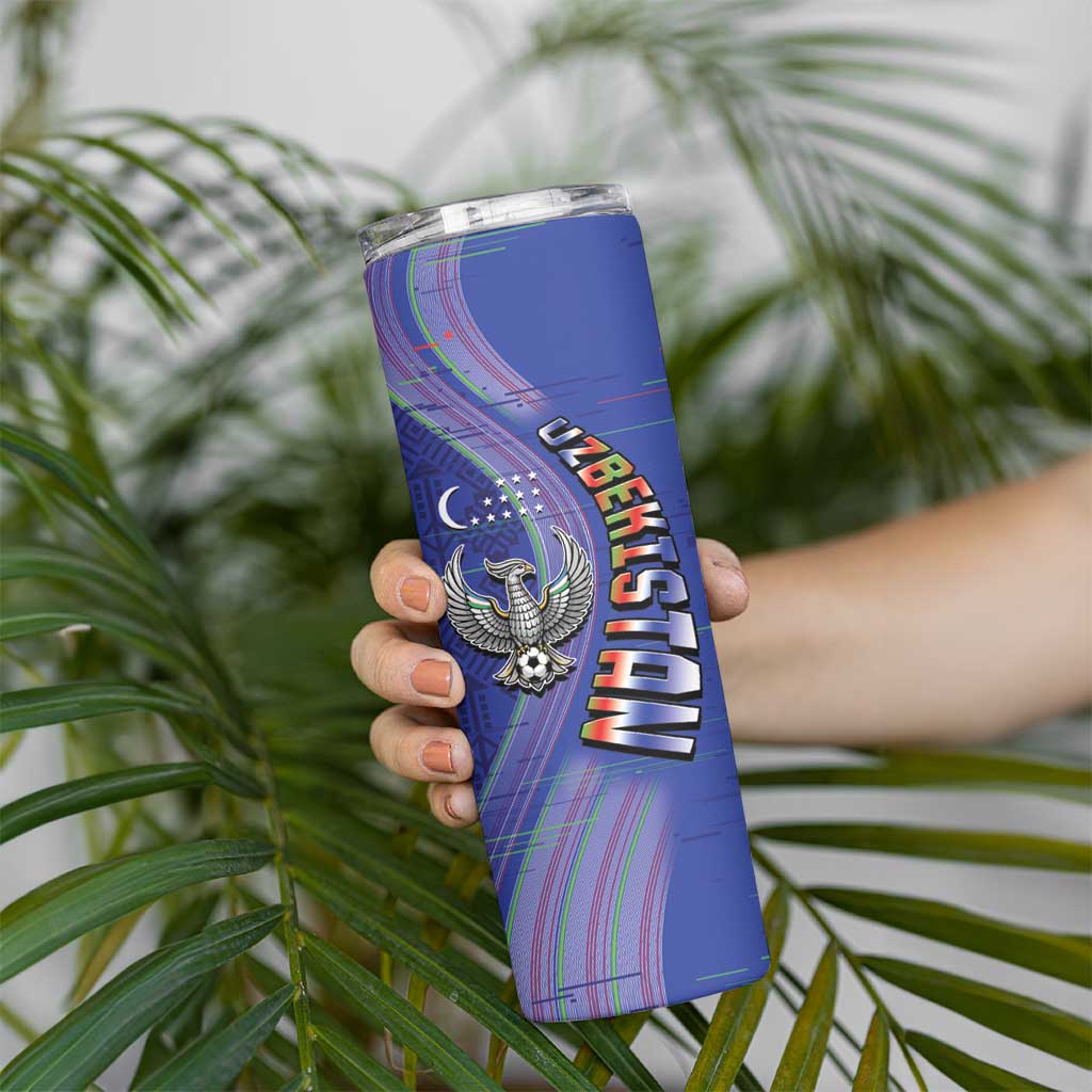 Custom Uzbekistan Football Skinny Tumbler Modern Glitch Art Style Huma Bird