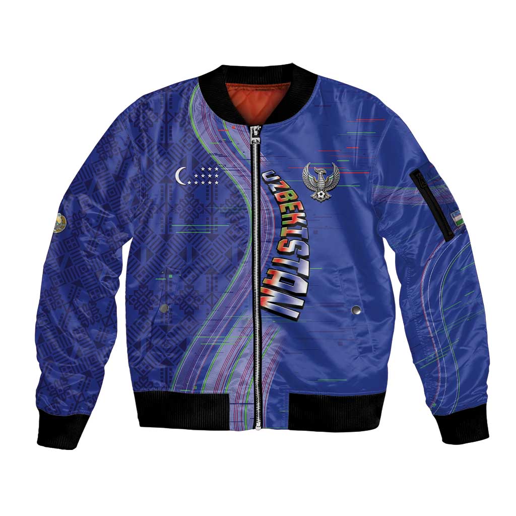 Custom Uzbekistan Football Sleeve Zip Bomber Jacket Modern Glitch Art Style Huma Bird