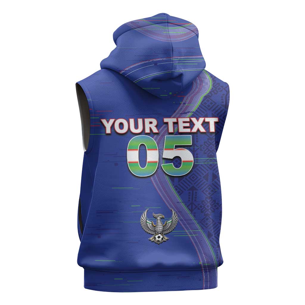 Custom Uzbekistan Football Sleeveless Hoodie Modern Glitch Art Style Huma Bird