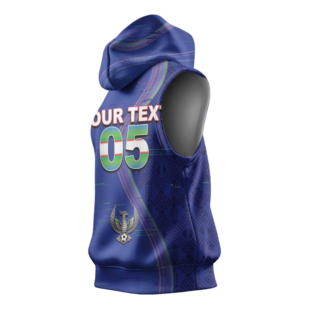 Custom Uzbekistan Football Sleeveless Hoodie Modern Glitch Art Style Huma Bird