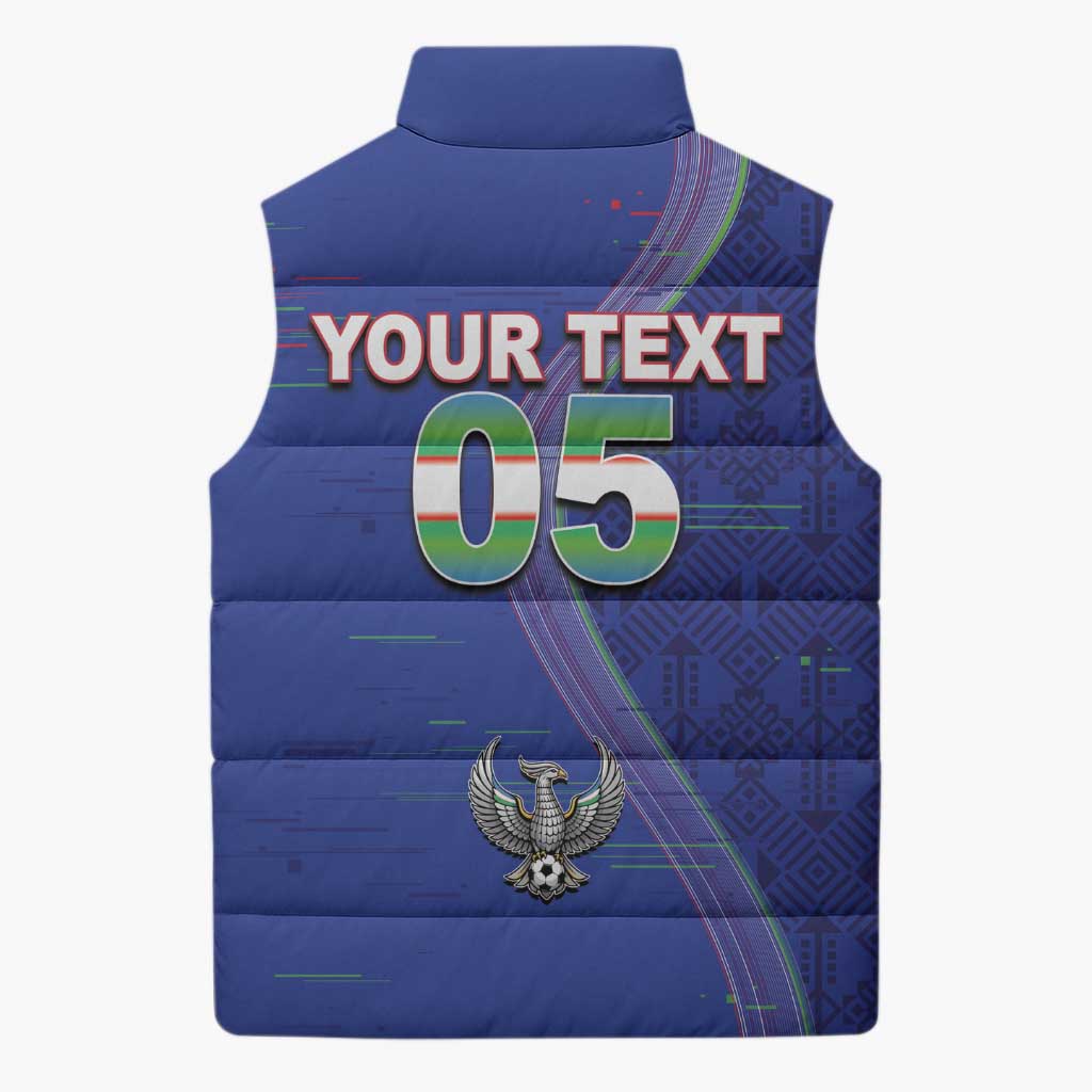 Custom Uzbekistan Football Sleeveless Puffer Jacket Modern Glitch Art Style Huma Bird