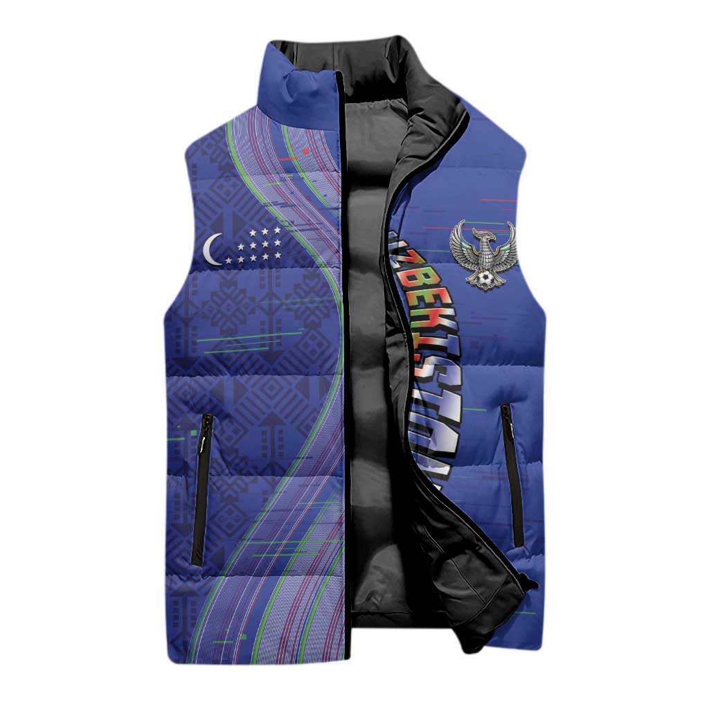 Custom Uzbekistan Football Sleeveless Puffer Jacket Modern Glitch Art Style Huma Bird