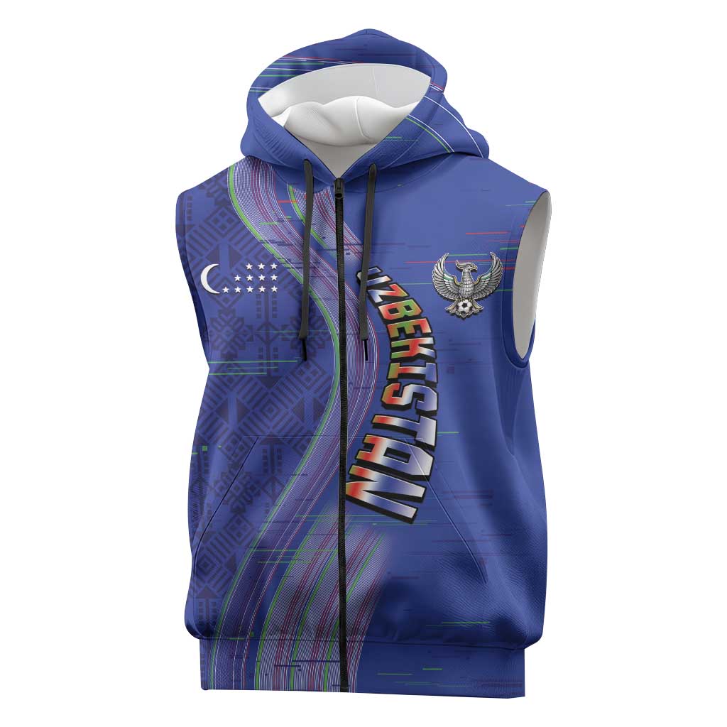 Custom Uzbekistan Football Sleeveless Zip Hoodie Modern Glitch Art Style Huma Bird