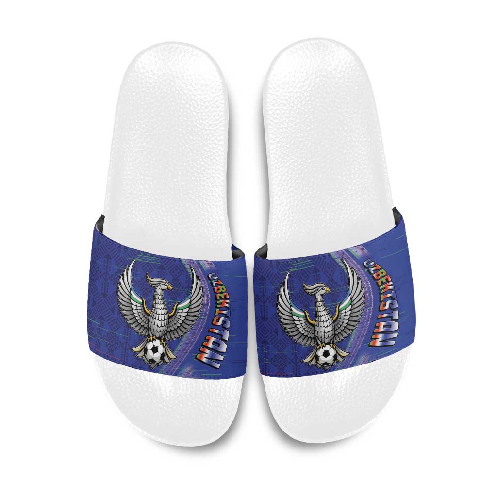 Uzbekistan Football Slide Sandals Modern Glitch Art Style Huma Bird