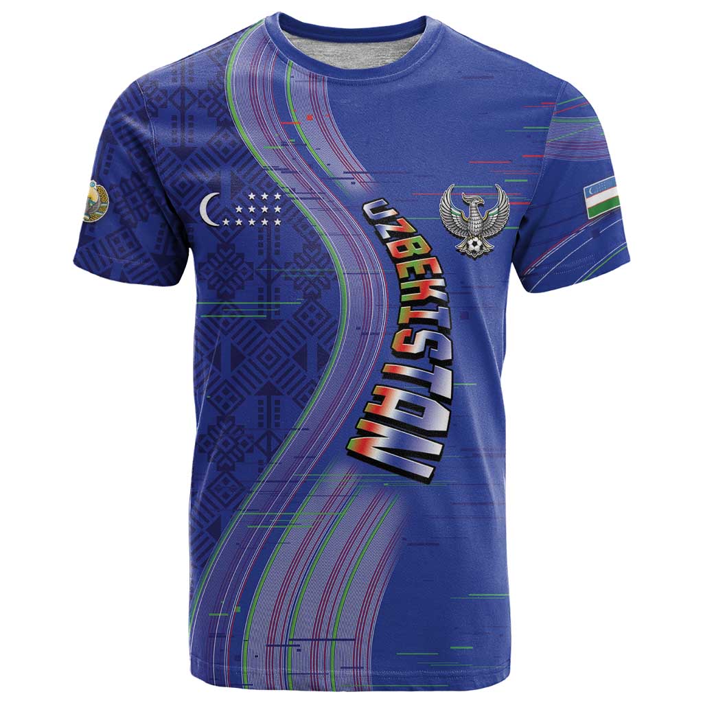 Custom Uzbekistan Football T Shirt Modern Glitch Art Style Huma Bird