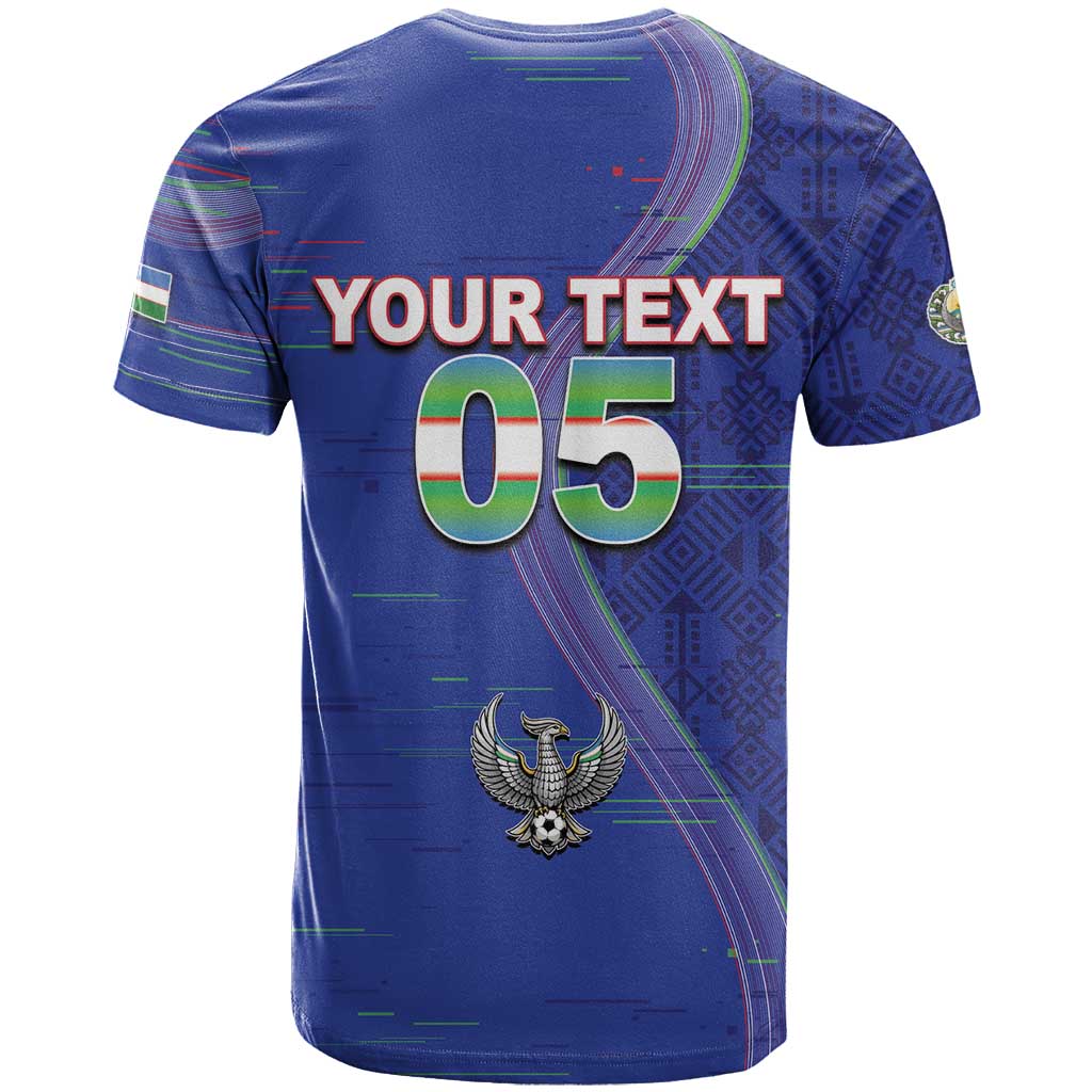Custom Uzbekistan Football T Shirt Modern Glitch Art Style Huma Bird