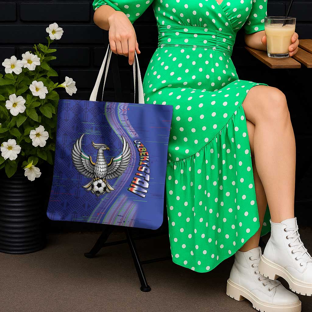Uzbekistan Football Tote Bag Modern Glitch Art Style Huma Bird