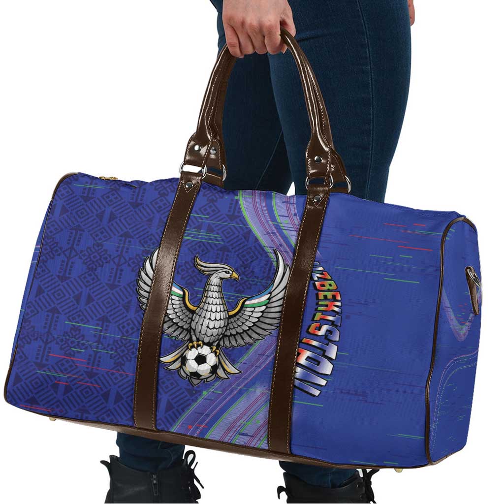 Uzbekistan Football Travel Bag Modern Glitch Art Style Huma Bird