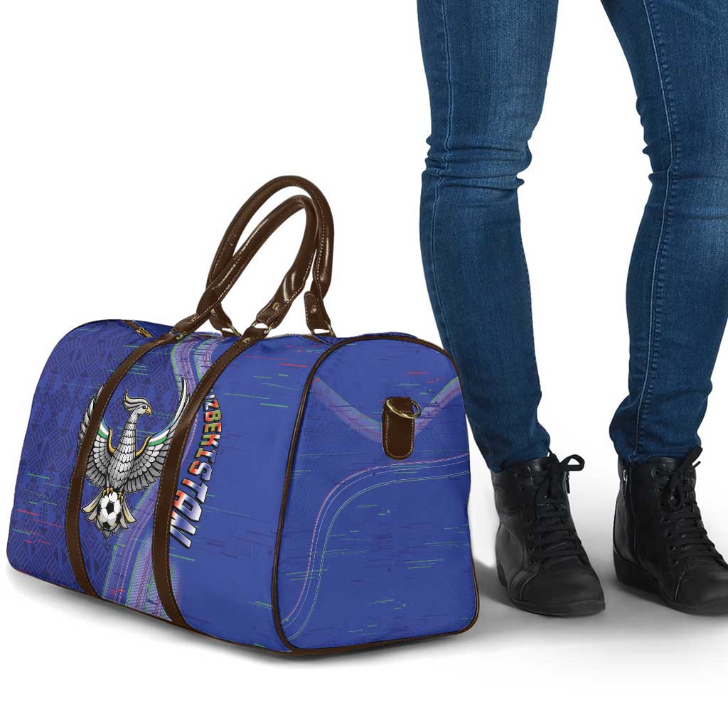 Uzbekistan Football Travel Bag Modern Glitch Art Style Huma Bird
