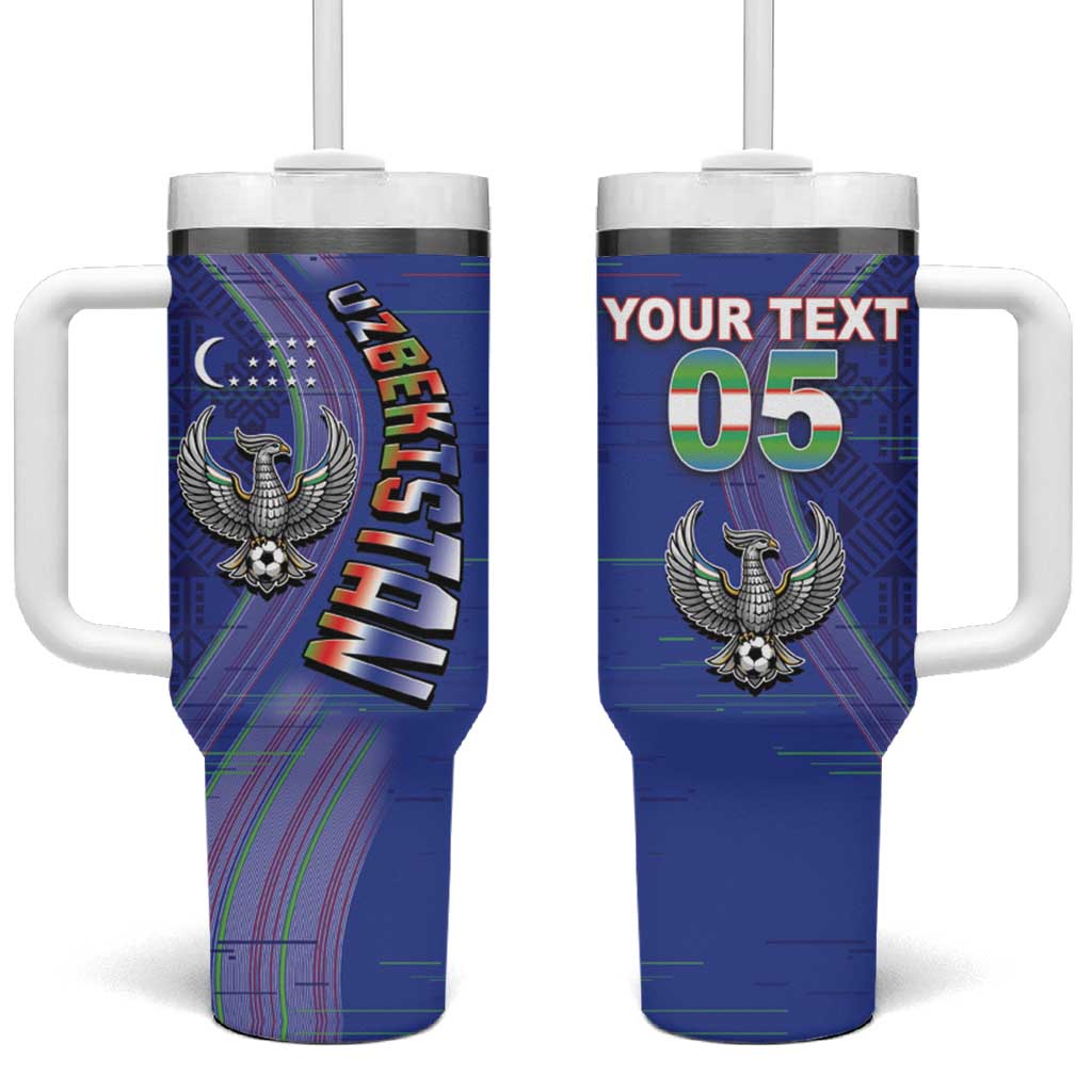 Custom Uzbekistan Football Tumbler With Handle Modern Glitch Art Style Huma Bird