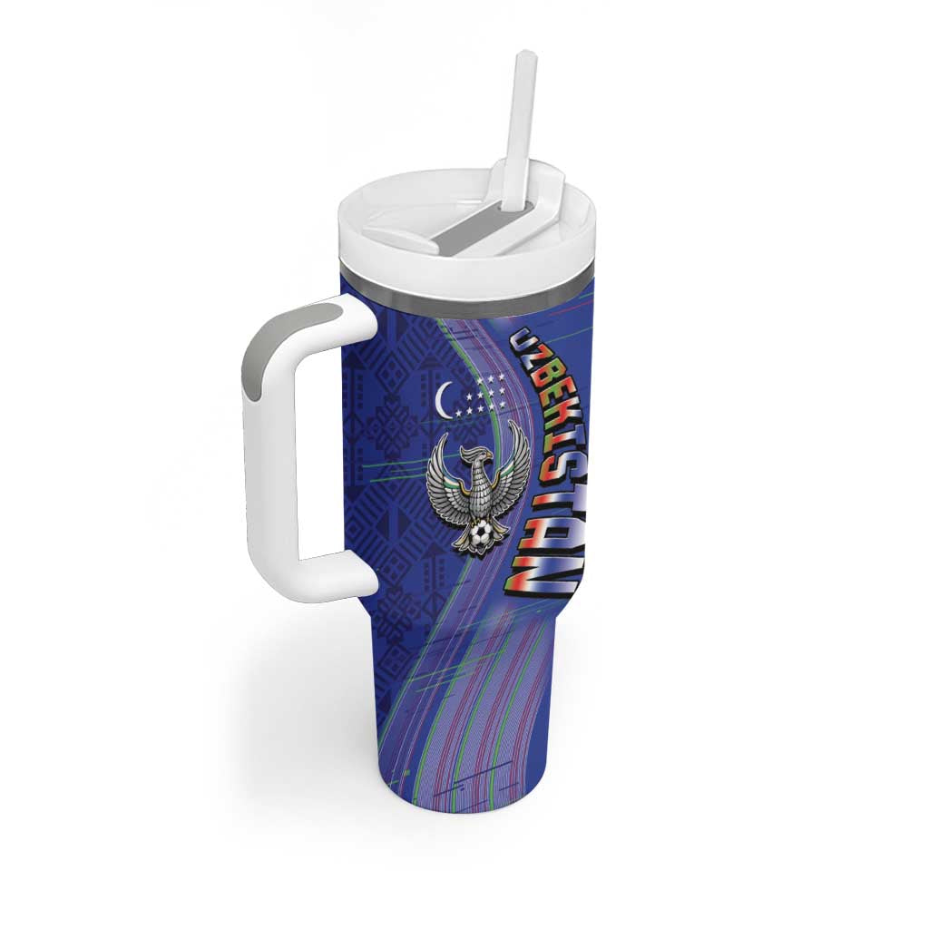 Custom Uzbekistan Football Tumbler With Handle Modern Glitch Art Style Huma Bird