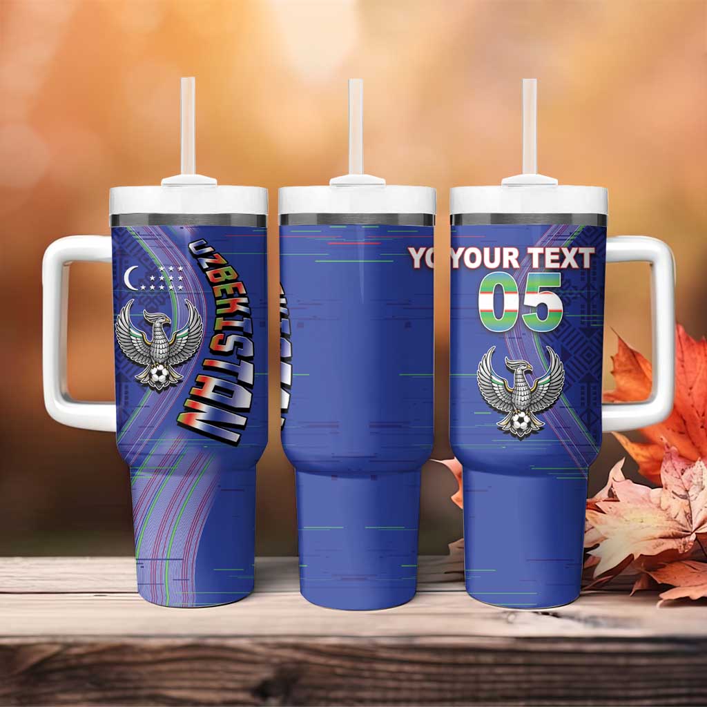 Custom Uzbekistan Football Tumbler With Handle Modern Glitch Art Style Huma Bird